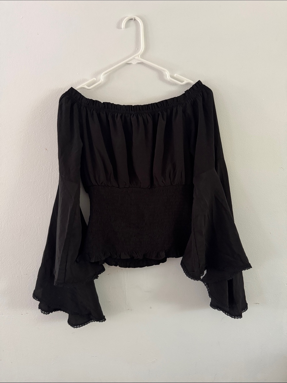 Scarlet Darkness Black Peasant Blouse with Smocked Waist and Bell Sleeves - Picture 5 of 6